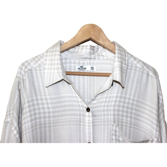nwot HOLLISTER Relaxed-Fit Soft Flannel Button-Up Shirt in Cream Plaid - Sz. XXL - Picture 3 of 9